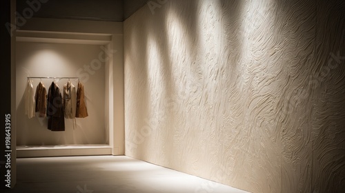 Minimalist fashion boutique interior with textured wall, clothes rack, soft lighting