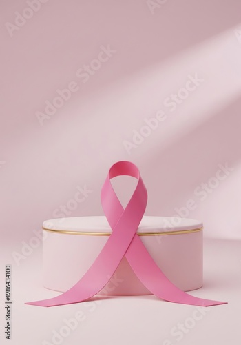 Pink Ribbon on Round Pedestal for Breast Cancer Awareness