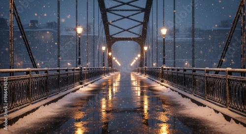 Snowy Bridge Illuminated by Street Lights in City at Night