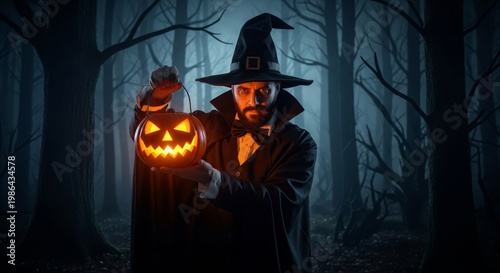 Mysterious Pixelated Man with Glowing Pumpkin in Dark Forest Scene