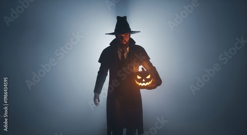 Man in Black Coat Holding Glowing Jack o Lantern in Foggy Scene