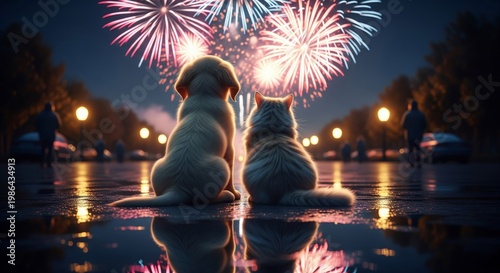 Dog and Cat Watching Fireworks Display at Night