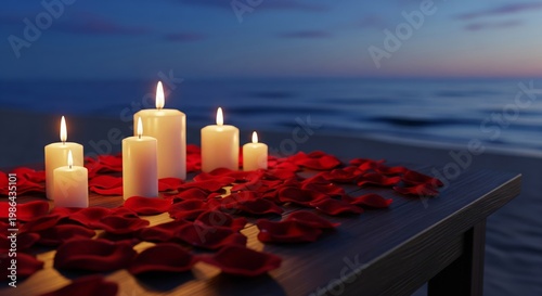 Romantic Beach Scene with Candles and Red Rose Petals at Dusk