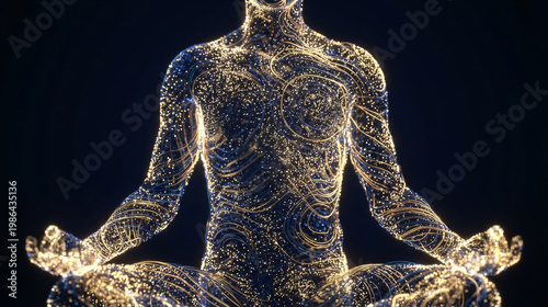 Man in lotus meditation pose with glowing energy lines and particles. Digital visualization of chakra activation and spiritual aura. Concept of inner peace mindfulness and yoga wellness practice.