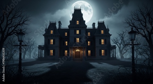 Pixel Art Spooky Mansion Under Moonlight with Bare Trees and