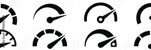 Set Of Eight Black Speedometer Icons On White Background
