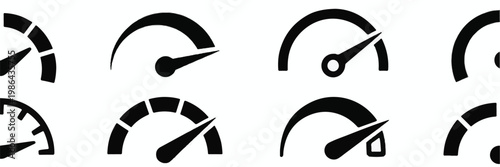 Set Of Eight Black Speedometer Icons On White Background