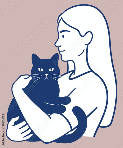 Woman tenderly holding a black cat in her arms