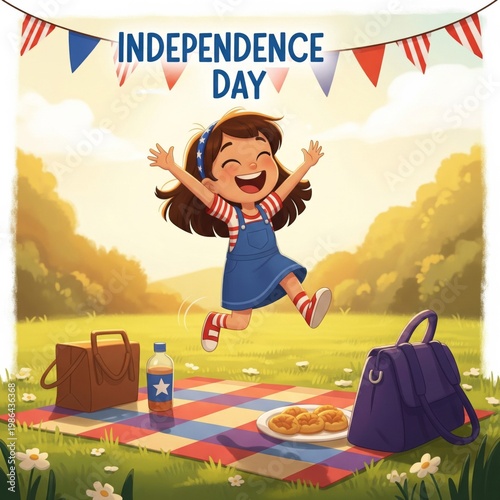 Happy Girl Celebrating Independence Day with Picnic in Park