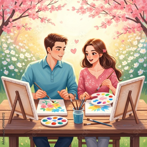 Couple Painting Together Outdoors Under Blooming Cherry Blossom Trees