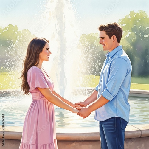 Couple Holding Hands Near Fountain Wearing Casual Clothes