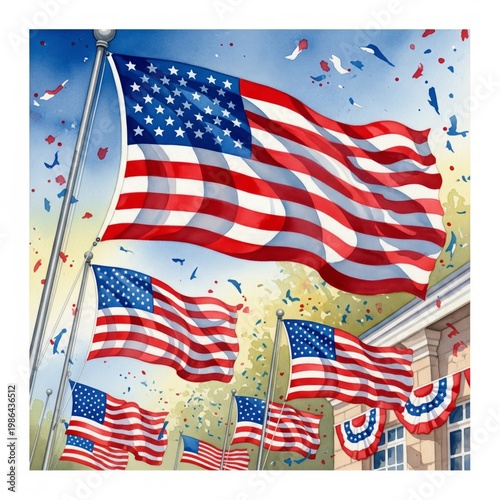 American Flags Displayed on Building with Red White Blue Confetti