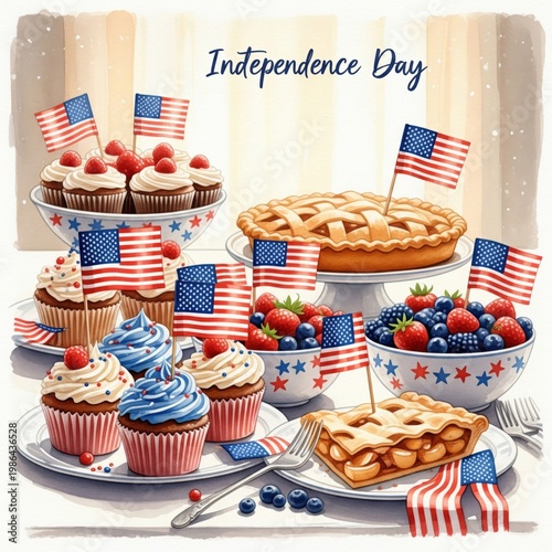 Independence Day Celebration with Cupcakes Pies and American Flags