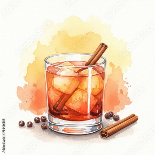 Watercolor Painting of Festive Autumn Drink with Cinnamon and Berries