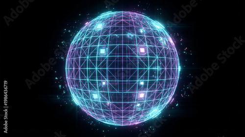 Glowing wireframe sphere with neon grid lines and floating particles. Futuristic digital globe visualization for technology and network concepts. Abstract 3D render representing connectivity and data