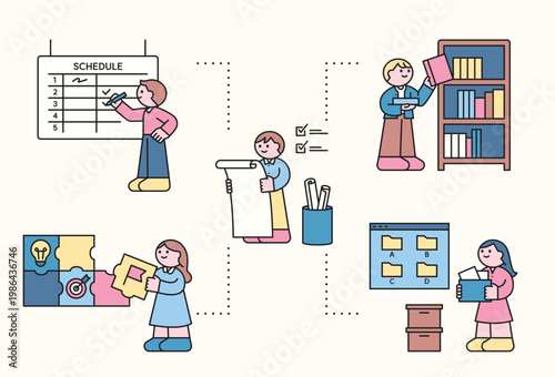 Cute characters are planning projects and working at the company.