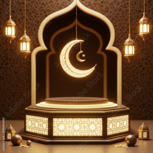 Golden Crescent Moon Decor on Podium with Islamic Archway