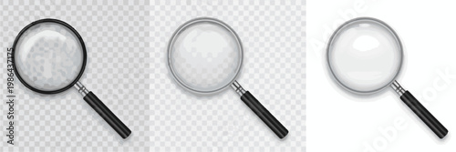 Three Magnifying Glasses On Transparent And White Backgrounds