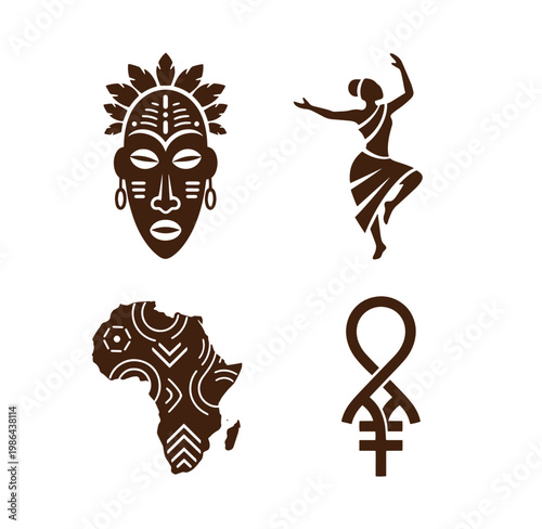 African cultural symbols and icons including mask dancer continent map and ankh symbol