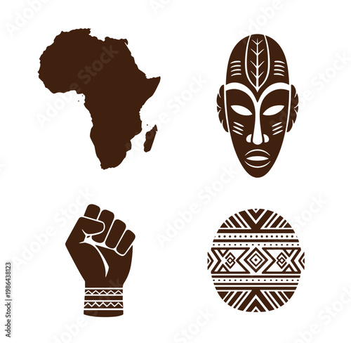 African cultural symbols and map of Africa continent icons set  African cultural symbols and map of Africa continent icons set