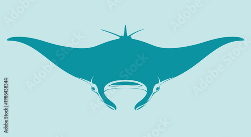Minimalist Manta Ray Silhouette, Teal Blue Ocean Animal Illustration