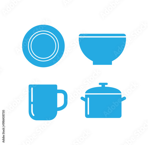Blue kitchen utensils and dishes on white background