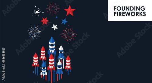 Patriotic Fireworks, Red White Blue Rockets, Star Spangled Celebration, Vector Illustration