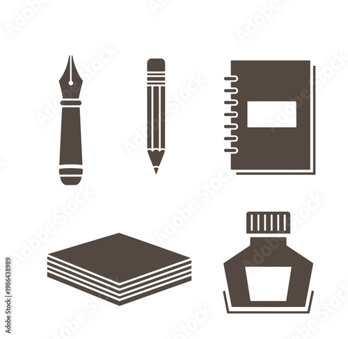 Brown icons of writing and drawing tools on white background