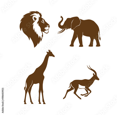 brown silhouettes of lion elephant giraffe and antelope on white background