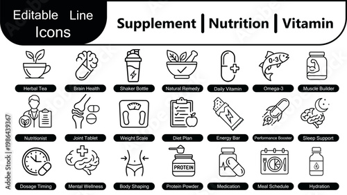 Supplements and Nutrition thin line icon set. Vitamins for health and fitness. Gym nutrition, dietary supplements, medical health, pharmacy, herbal medicine, wellness. Vector illustration