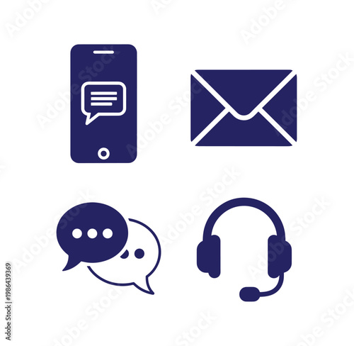 Customer support communication icons with phone message envelope and headset