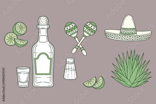Illustration of mexican-themed items including tequila and maracas