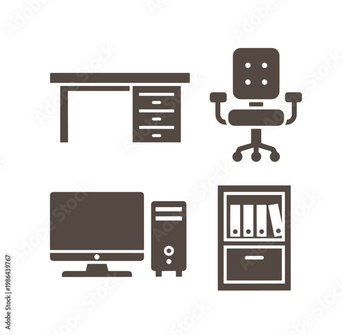 office furniture and computer equipment icons on white background