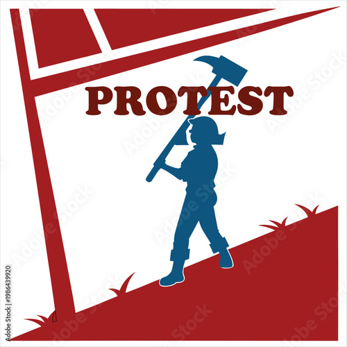Worker with pickaxe symbolizing protest against an industrial backdrop