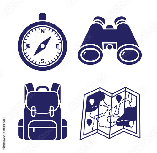 Travel navigation icons with compass binoculars backpack and map