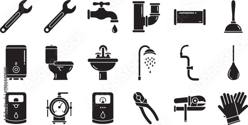 Plumbing tools and bathroom fixtures icon set collection