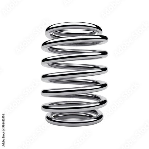 A shiny metallic compression spring for mechanical applications stands vertically on a white background