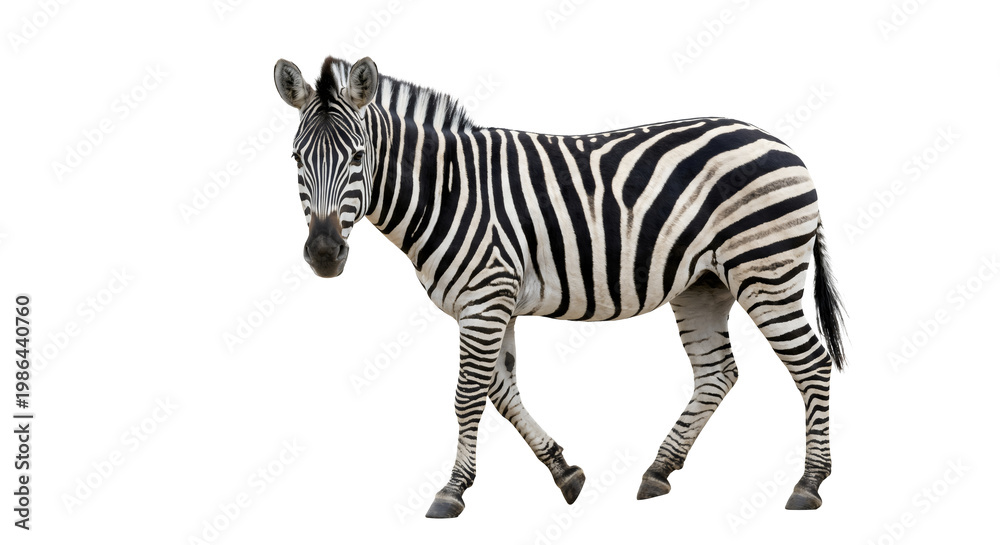 Fototapeta premium A majestic zebra stands gracefully in a field, captured as a PNG cutout with a transparent background, enabling easy isolation for various design projects.