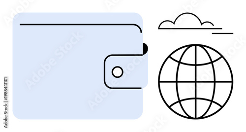Financial tools, online payments, ecommerce, digital wallets, global trade, cloud technology. A wallet and a globe with a cloud. Digital wallets and online payments concept