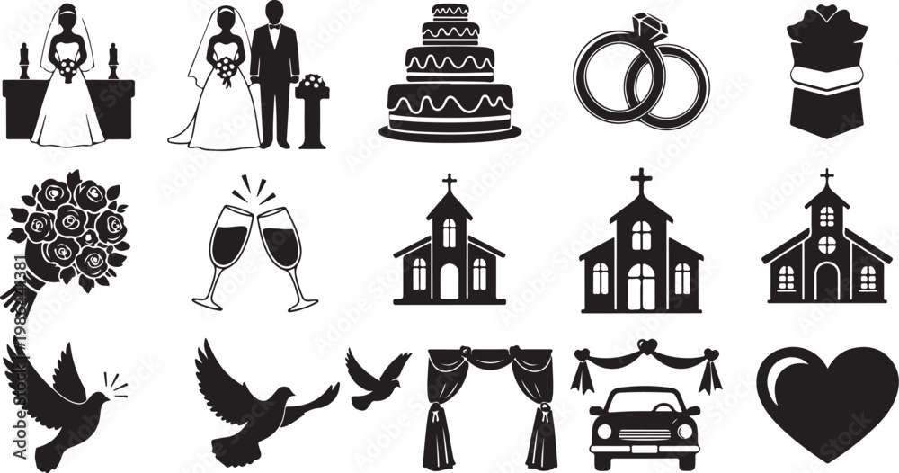 Obraz premium Wedding icons and symbols in black and white