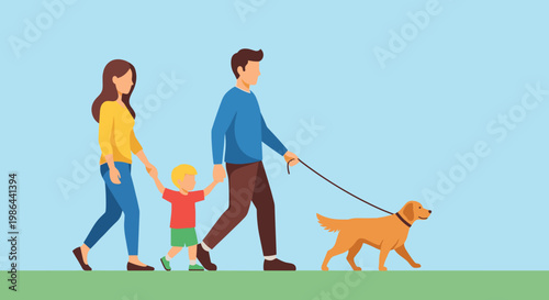 Family walking with dog together outdoors.