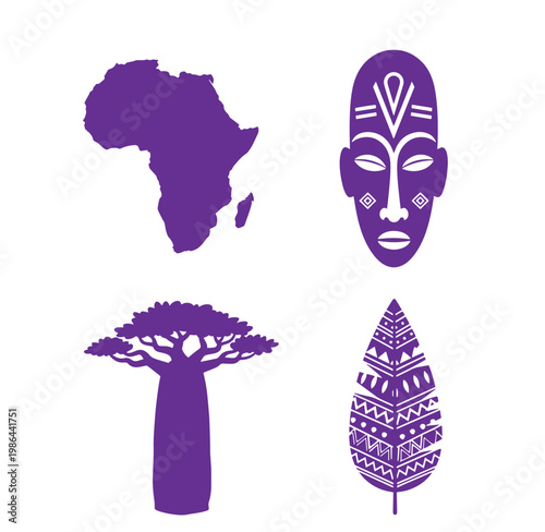 African continent map with tribal mask baobab tree and patterned leaf icons
