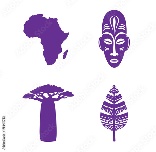 African continent map with tribal mask tree and patterned leaf icons