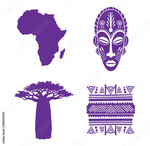 African continent map and traditional tribal designs with baobab tree  cultural symbols