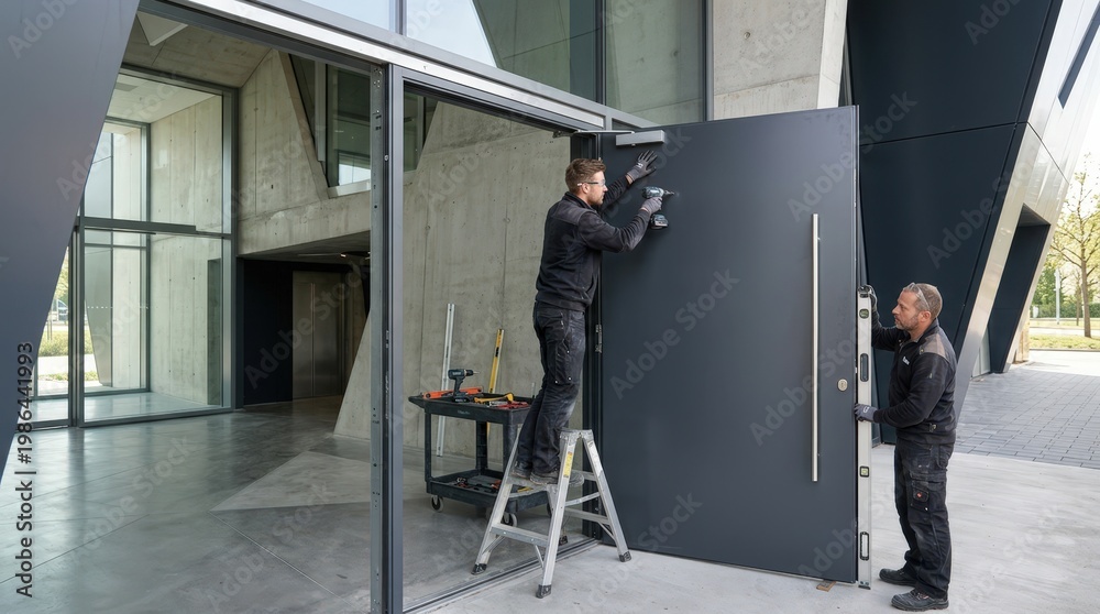 Fototapeta premium Medium frame showing solid panel metal doors being installed at a modern building entrance highlighting sleek sturdy construction and clean lines.
