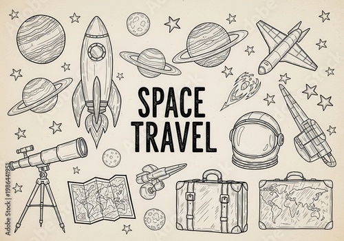 Hand drawn collection of space travel elements and icons features planets, rockets, and exploration gear on a textured paper background.