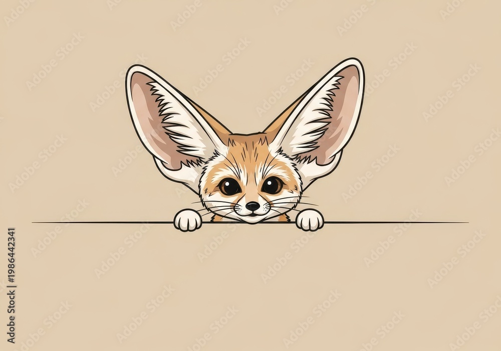 Fototapeta premium Fennec fox with large ears peeks over a blank edge.
