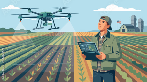 Modern Farmer Operating Agricultural Drone for Smart Precision Farming