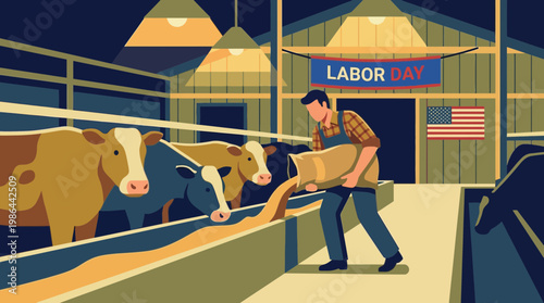 Farmer feeding cows in barn with Labor Day banner illustration