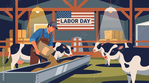 Labor Day Illustration of Farmer Feeding Cows in a Barn